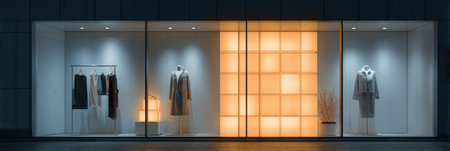 Stylish window display showcases elegant clothing items on hangers and a glowing panel, designed to attract customers in a contemporary fashion boutique.の素材