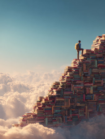 A student ascends a staircase composed of stacked books symbolizing achievements, surrounded by soft clouds under a bright sky during daytime.の素材