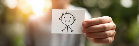 An adult joyfully holds a childhood drawing, smiling gently as soft light envelops the scene. The serene atmosphere invites reflection and warmth.の素材