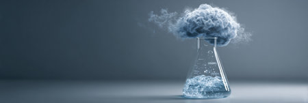 A clear lab beaker contains liquid, while unique brain-shaped clouds form above it, creating an intriguing visual in a scientific environment.の素材