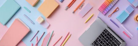 Vibrant school supplies and a laptop are arranged neatly on a pastel surface, perfect for studying, planning, and creative tasks.の素材