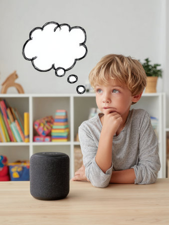 Smart speaker provides an interactive educational quiz to an attentive child in a bright and minimalistic room with learning materials around.の素材