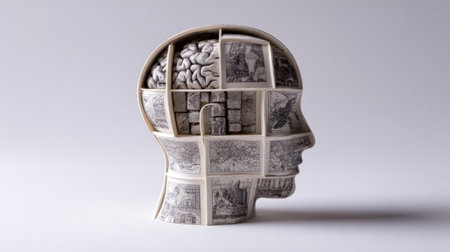 A head sculpture illustrates various compartments filled with intricate designs, symbolizing different aspects of thought.の素材
