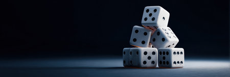 Several white dice are stacked precariously under soft, moody lighting, highlighting their dots against a dark backdrop in an inviting atmosphere for games.の素材