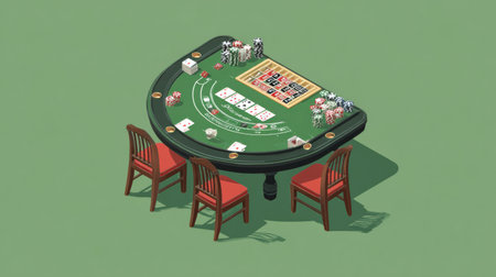 The setup showcases a clean casino table featuring cards dealt and chips neatly placed, inviting players into the vibrant gaming atmosphere.の素材