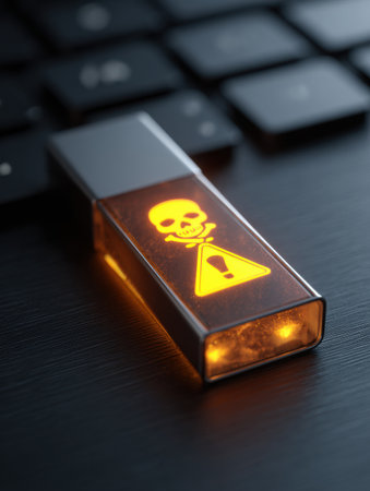 USB drive with a glowing malware label is plugged into an open computer, highlighting a cybersecurity concern that emphasizes caution and awareness.の素材