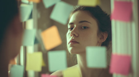 A girl stands in front of a mirror, practicing her speech while surrounded by colorful sticky notes, creating a focused and inspirational atmosphere.の素材