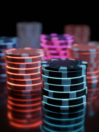 Colorful poker chips stacked high with glowing edges illuminate a dark table, creating an energetic atmosphere for late-night gaming excitement.の素材