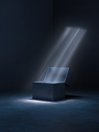 A toolbox is open in a dark environment, with soft light rays escaping from inside, symbolizing hope and mental health awareness.の素材