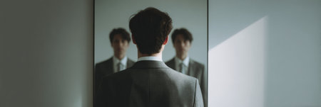 A young adult stands before a mirror, contemplating their future self dressed in a smart business suit while the surrounding space remains empty and tranquilの素材