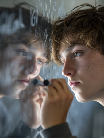 Young person carefully writes exam goals on a mirror with a marker, reflecting determination and focus in a bright, personal space.の素材