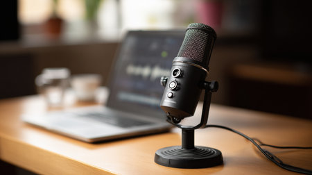 Student engages in podcasting about effective study tips using a microphone and laptop on a desk in a home setting, focusing on academic success.の素材