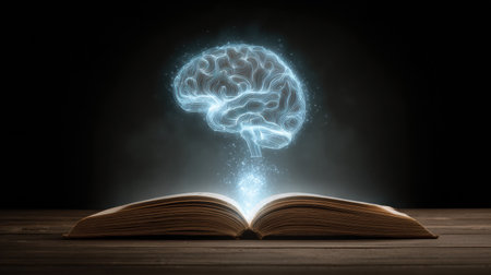 An open book emits a luminous brain-shaped hologram above its pages, representing the fusion of literature and intellect in a dimly lit environment.の素材
