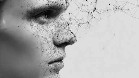 Dynamic neural network web intricately connects across the profile of a human face, presenting a clean and minimalistic aesthetic that emphasizes innovation.の素材