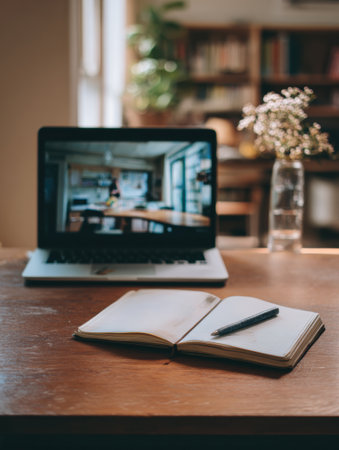 Workspace features a paused educational video on laptop, an open notebook with a pen, and a clean right side, creating an organized study environment.の素材