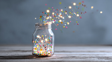 A glass jar overflows with glowing ideas that illuminate the space, releasing colorful creative energy into the surrounding area, evoking inspiration.の素材