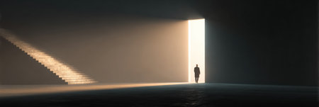 Individual ascends stairs leading to a bright doorway, representing hope and transformation in a shadowy environment during a quiet moment.の素材
