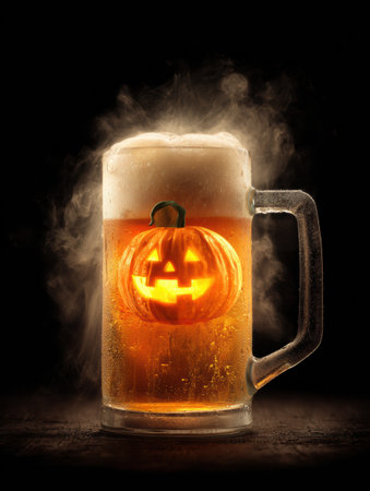 Seasonal beer mug filled with golden liquid, featuring a glowing pumpkin design inside, creating a mysterious atmosphere for Halloween festivities.の素材