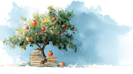 A whimsical tree flourishes with colorful books instead of fruit, surrounded by a serene blue sky that evokes imagination and creativity.の素材