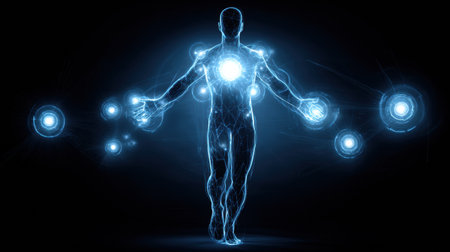 A human silhouette is surrounded by glowing orbs representing various skills, with a clear top third highlighting energy and potential in a dark atmosphere.の素材