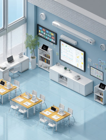 Bright and spacious smart classroom features interactive LED panels, IoT devices, and organized workspaces for collaborative learning and engagement.の素材