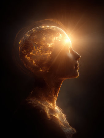 A figure exudes radiant energy from the head, symbolizing deep confidence and keen intellect, set against a dark background to enhance the effect.の素材