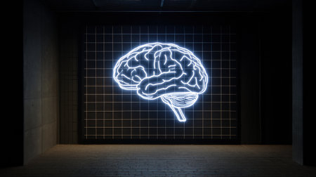 Neon outline of a brain shines against a dark grid wall, highlighting a contemporary environment with an empty right margin. The atmosphere is sharp and modern.の素材
