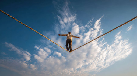 A person skillfully navigates a tightrope, embodied courage and the journey of self-growth against a backdrop of blue skies and clouds.の素材