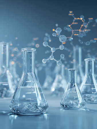 In a vibrant virtual chemistry lab, floating flasks display various liquids while formulas and molecular structures hover in the atmosphere.の素材
