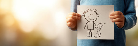 An adult joyfully holds a childhood drawing, featuring stick figures, showing happiness and reminiscence in a softly lit environment.の素材