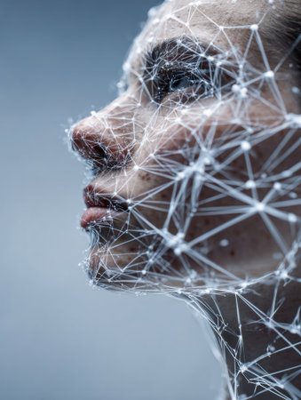 A neural network design spans a facial profile, blending technology and humanity in a modern artistic style.の素材