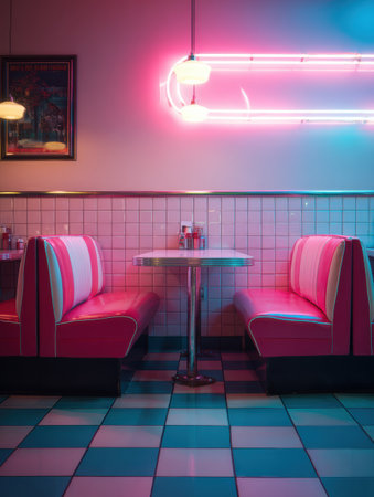 An inviting retro diner showcases a lightbox sign surrounded by cozy booths in glowing pink tones, perfect for a nostalgic dining experience.の素材