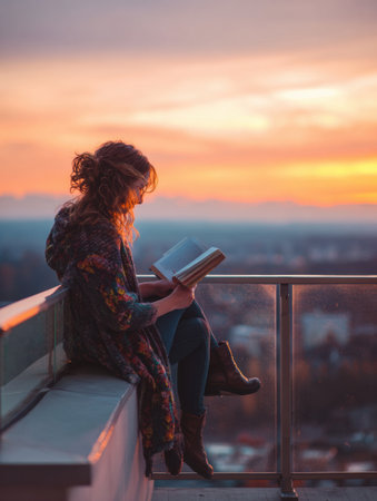 A student relaxes on a balcony at sunrise, immersed in a motivational book while surrounded by a clean sky filled with warm hues.の素材