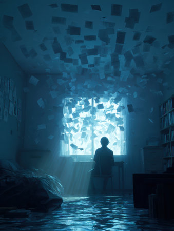 In a serene, dimly lit room, a student sits at a desk deep in thought while life lessons float around, illuminated by soft light coming through a window.の素材