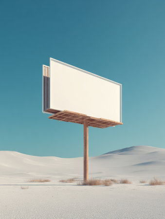 A floating billboard mockup hovers over soft dunes in a surreal desert, with a vast blue sky offering a blank canvas for creativity.の素材