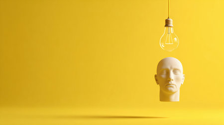 A lightbulb hovers over a simple bust head against a vibrant yellow backdrop, creating a striking visual for concepts of creativity and inspiration.の素材
