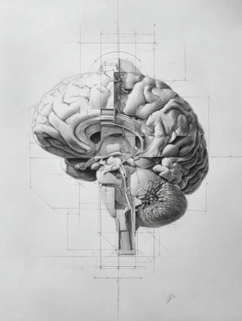 A pencil sketch depicts a brain evolving into 3D, with a side area unfilled, merging art and science in creative expression.の素材