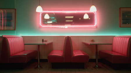 Bright pink lighting creates a nostalgic atmosphere in a cozy diner with vintage booths, inviting patrons to enjoy their meals in a cheerful setting.の素材