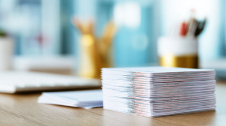 Colorful study flashcards lay neatly in a grid formation on a wooden desk, blurring the background, enhancing focus on the learning materials for revision.の素材