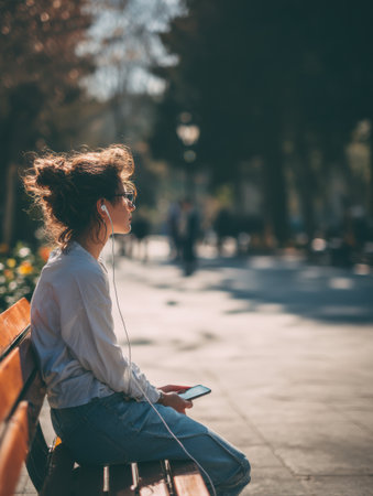 A girl listens attentively to an educational podcast on a park bench, surrounded by blurred greenery and people enjoying their day.の素材