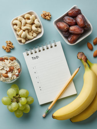 Healthy study snacks like nuts, fruits, and dates are set around a to-do list and pencil, promoting organization and wellness in a fresh environment.の素材