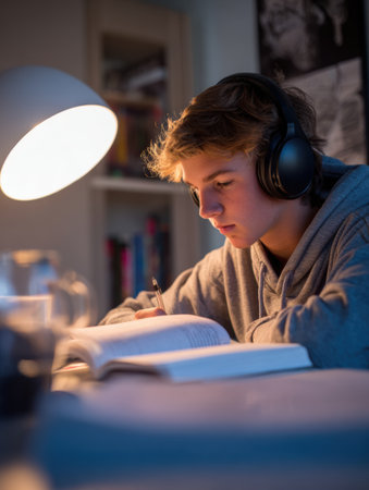 Teenager immersed in study, using a pen to take notes from a book, illuminated by a reading lamp in a cozy corner of a room.の素材