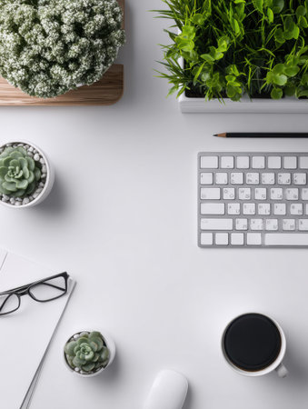 Workspace designed for students showcases neat arrangement of plants, a keyboard, and a coffee cup, creating a refreshing and productive environment.の素材