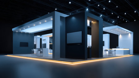 Contemporary exhibition booth showcasing clean digital displays and spotlights, set in a spacious event area ready for engagement and interaction.の素材