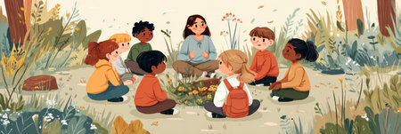 Children from diverse backgrounds engage in a circle to discuss nature, guided by their teacher, surrounded by plants and flowers on a sunny day.の素材