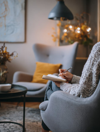 Individual engaged in a personal coaching session, focused on taking notes in a minimalist room with soft lighting and comfortable seating.の素材