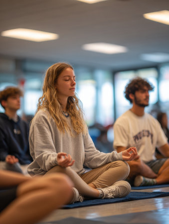 Students engage in mindfulness meditation on mats, creating a peaceful atmosphere that encourages relaxation and inner calm in a serene classroom setting.の素材