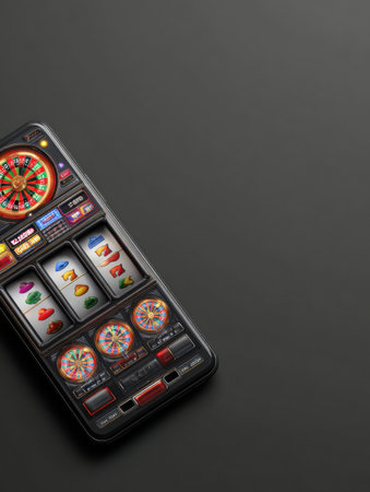 The casino app features animated slot reels and vibrant graphics, offering a modern digital gaming experience on smartphones.の素材