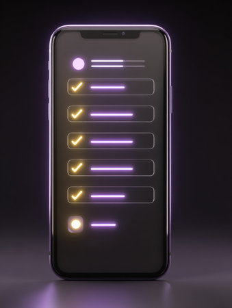Smartphone screen showcases a self-improvement app with vibrant checklists, emphasizing task completion and personal growth in a sleek design.の素材