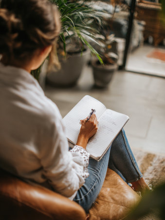 Individual participates in a coaching session within a clean, minimalist setting, actively taking notes and reflecting on personal growth.の素材